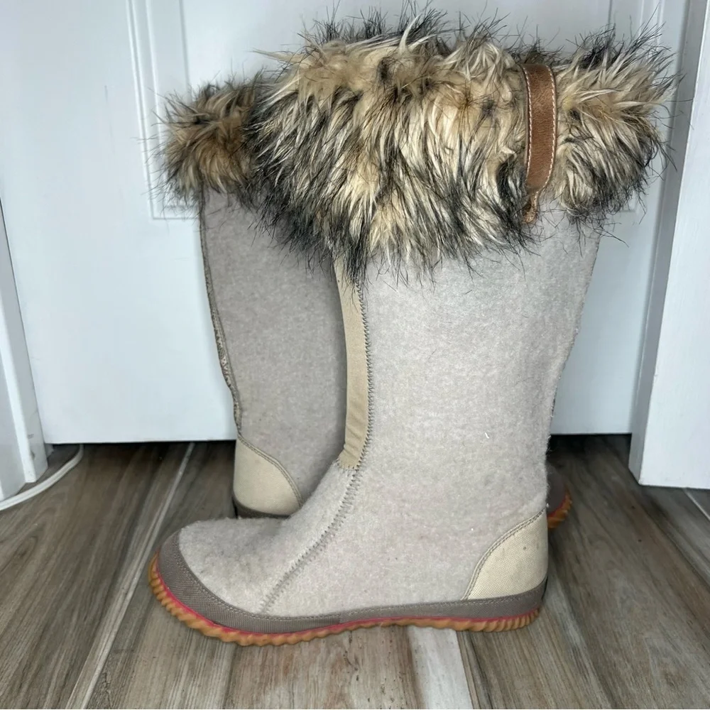 Sorel Cozy Joan Tall Felt Boots Faux Fur Top Womens Sz 10 Beige Tan Brown